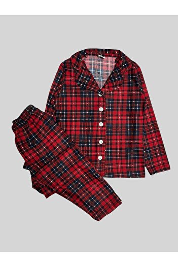ALİŞ KİDS Boy's Cotton Suede Fabric Red Plaid Pattern Shirt Collar Button-Down Pajamas Set