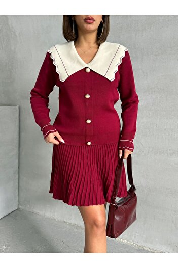 Lusin Women's Burgundy Stylish Lapel Detailed Cardigan Blouse Skirt Bottom Top Double Set