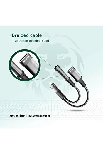 Green Lion 2 في 1 سماعة أذن ومحول شحن Lightning إلى Lightning + 3.5 12 سم -