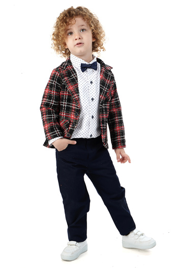 Merdia Boy's 4-Piece Suit Plaid Jacket, Print White Shirt, Bow Tie and Pants