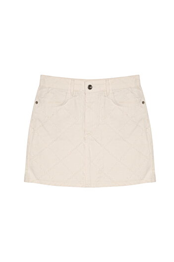 Quzu Cream Mini Denim Skirt - Knit Detail