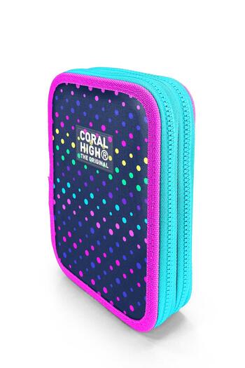 Coral High Kids Navy Blue Colored Polka Dot Double Layer Pencil Bag 11142