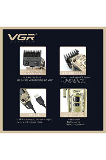 farissu VGR V-005 Profesyonel Saç Kesme ve Tıraş Makinesi - Renkli Taraklı Tam Set!