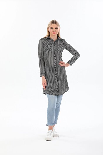 NEW LAVİVA Women's Black Long Sleeve Double Pocket Striped Shirt Dress - Suitable for Hijab
