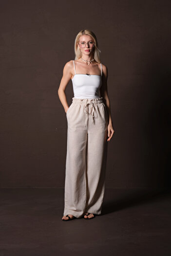 Domoda Cream Cotton Elastic Waist and Drawstring Relaxed Cut Wide Leg Textured Summer Women's Trousers @Lagos
