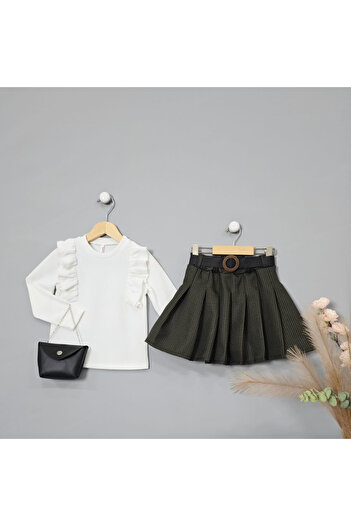 BLR KİDS Girl's Run Away Oil - Bottom-Top Set with Pleated Bottom-Top Set with Bag