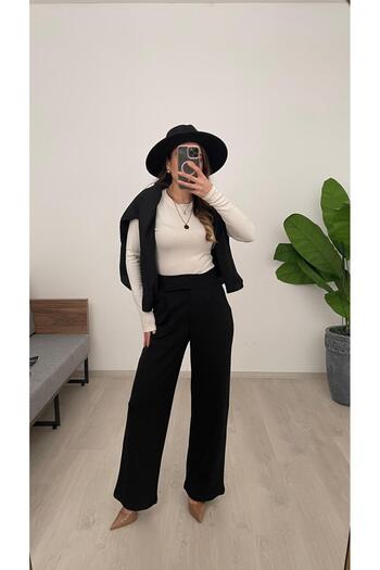 Nazline Women's Velcro Detail Flexible Fabric Wide Leg Long Pants