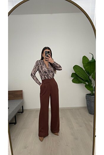 Nazline Women's Velcro Detail Flexible Fabric Wide Leg Long Pants