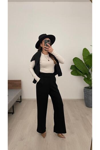 Nazline Women's Velcro Detail Flexible Fabric Wide Leg Long Pants