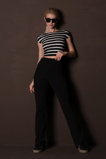 Domoda Black High Waist Wide Leg Spanish High Cotton Content Knitted Women's Walking Pants @Girona