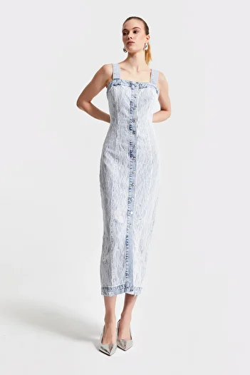 its basic Women's Jeans Color 11S5-3 Lace Front Button Design Suspender Maxi Length Denim Dress
