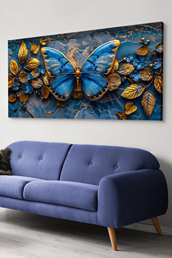 Evinemoda Blue Butterfly and Gold Leaves One Piece Canvas - Canvas Painting