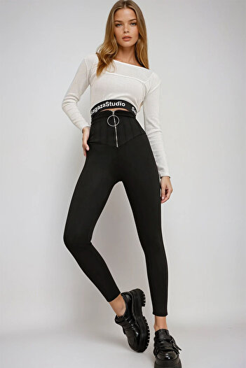 VAGGON Women's Black Ring Zipper Detailed Matte Textured High Waist Leggings