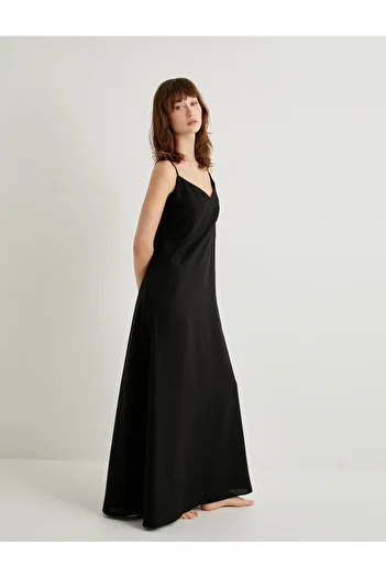 Koton Long Beach Dress V Neck Linen Viscose Blended Relaxed Fit