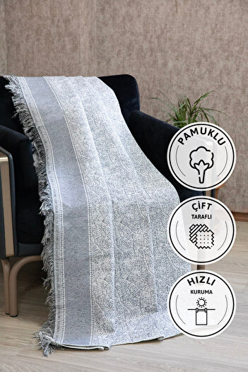 FAVORA Merlin Cotton Fringed Sofa - Sofa Bed Cover 170X220 - Gray