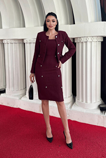 giyimmasalı Tweed Fabric Crew Neck Jacket Skirt Set - Bordo