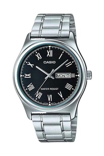 Casio Men's Wristwatch with Black Dial, Silver Color Band, Calendar and Date