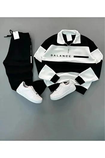 NewCabin Men's Black Five Piece Stand Collar Balance Printed Black Tracksuit Set