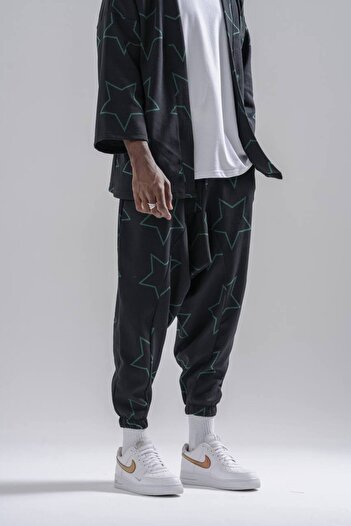 Superbluemexico Men's Star Patterned Black Baggy Trousers