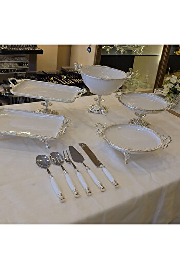 AlyaHomeAksesuar 10 Pieces Metal Framed Porcelain Presentation Set - Silver