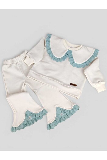 Hobidik Girl's Green Combed Cotton Scallop Detail Casual Spanish Leg Bottom Top Set