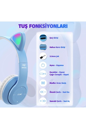 Techmaster Kablosuz Kulaküstü Rgb Işıklı Kedili Bluetooth 5.0 Çocuk Kulaklığı Kulaklık P47M