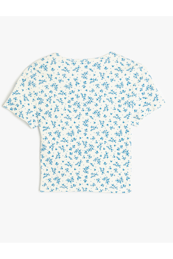Koton V-Neck Button Floral Print Slim Fit Crop T-Shirt