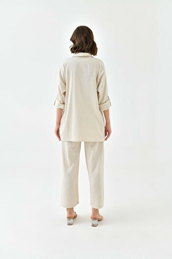 MVStore Women's Sequin Embroidery Stone Embroidered Flam Linen Shirt and Pants Set
