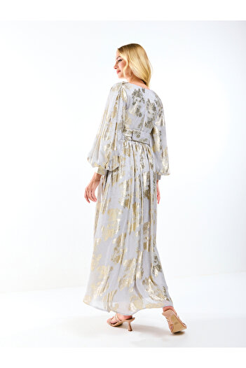 House of Moda By Styli Metallic Foil Floral Print Balloon Sleeves Maxi Dress