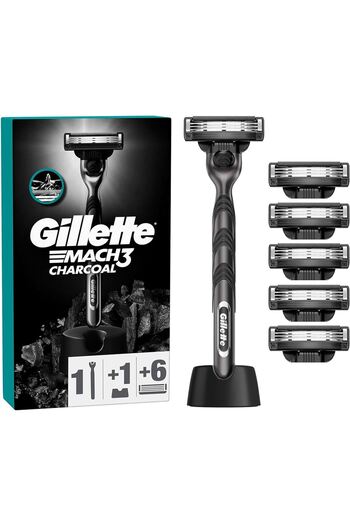 Gillette Mach 3 Charcoal Shaver + 6 up Replacement Razor Blades + Premium Stand