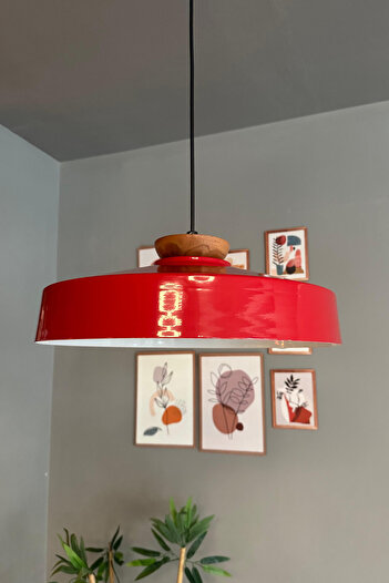 Bamyum Açe Kırmızı Tekli Tabak Ahşap Başlık Avize Retro Sarkıt Ofis Showroom Salon Mutfak Avizeleri