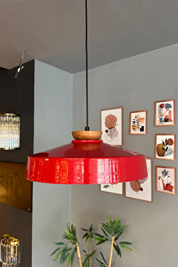 Bamyum Açe Kırmızı Tekli Tabak Ahşap Başlık Avize Retro Sarkıt Ofis Showroom Salon Mutfak Avizeleri