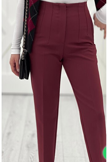 KAROL Burgundy Front Flatol Fabric Pants