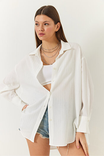Bianco Lucci Women's Off-Shoulder Oversize Basic Wrap Shirt 60392 60271069