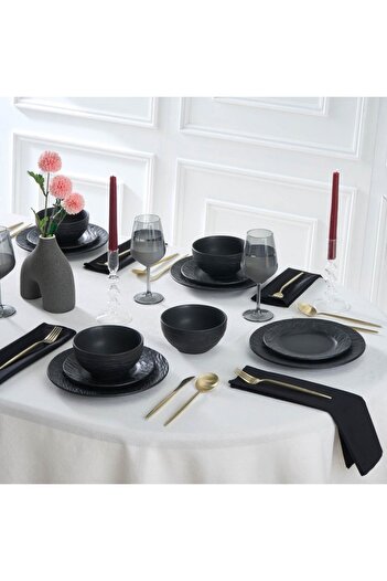 Karaca Solem Embossed 18-teiliges Steinzeug-Tafelservice für 6 Personen, Schwarz