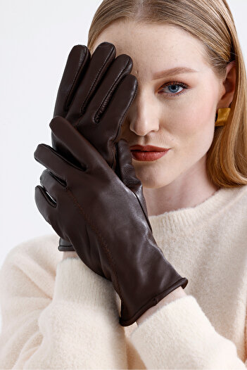 fubileather قفاز نسائي من الجلد الطبيعي باللون البني