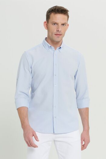 AC&Co / Altınyıldız Classics Light Blue Flexible Oxford Shirt - Technical Seersucker Pattern, Slim Fit, Buttoned Collar