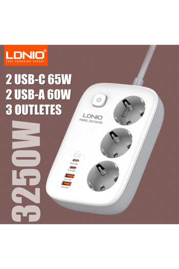 Choice EU LDNIO 3 Outlets Power Strip EU Standard with PD 65W 4 USB Port USB Charging 2M Extension Cord Soc