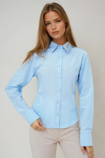 VAGGON Women's Blue Front and Back Pencil Waist Fitted Poplin Shirt Prmx13505