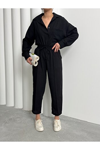 BEJNA Women's Black Oversize Linen Shirt Pants Bottom Top Set