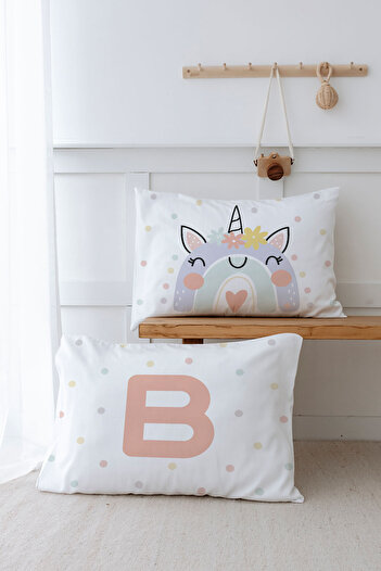 Tuğba Kuğu Salmon Unicorn Patterned 2-Piece Pillow Case - Letter Series Letter B