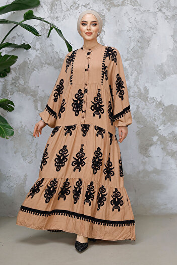 Neva Style Floral Print Camel Hijab Dress 25491C