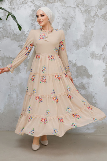 Neva Style Μπεζ Μουσουλμανικό Φόρεμα - Floral Pattern, Μοντέλο No: 32815BEJ