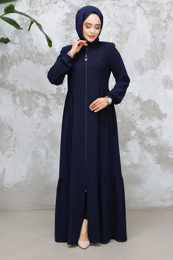 Neva Style Navy Blue Zippered Hijab Abaya - 8133L
