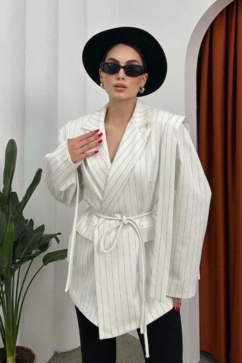 msm fashion Striped Oversize Blazer Women's Jacket - Belted and Shoulder Detail