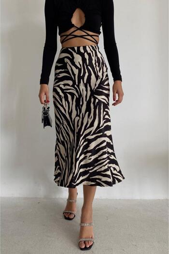 Hisleria Fusta Midi din Satin Viscoză cu Motiv Zebra de Vară - Albă