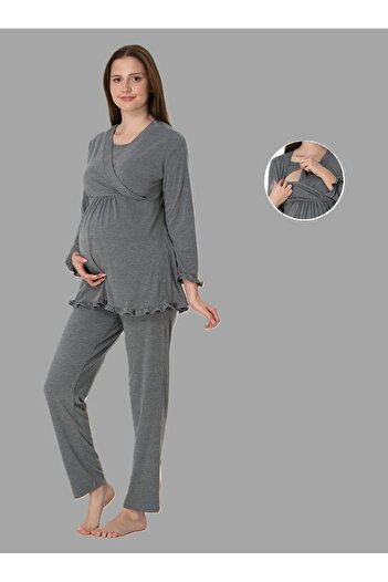 LOHOUSE Kadın Füme Uzun Kol Kruvaze Lohusa Hamile Pijama Takım