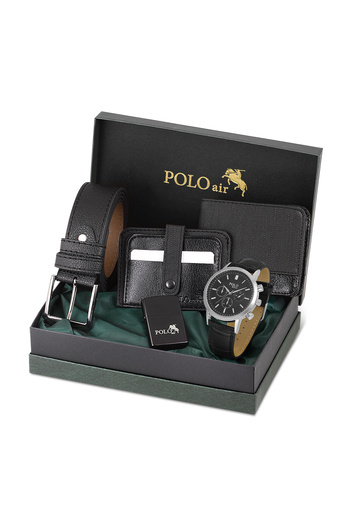 Polo Air Erkek Kombin Set Cüzdan Kartlık Kemer Çakmak Erkek Kol Saati Siyah Renk Set PL-0980E1