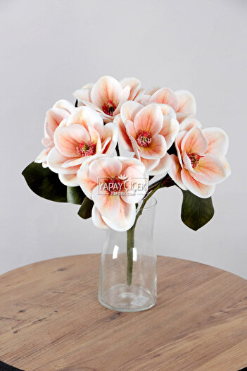Yapay Çiçek Deposu Artificial Premium 7-Branch Wet Magnolia 40 cm Salmon
