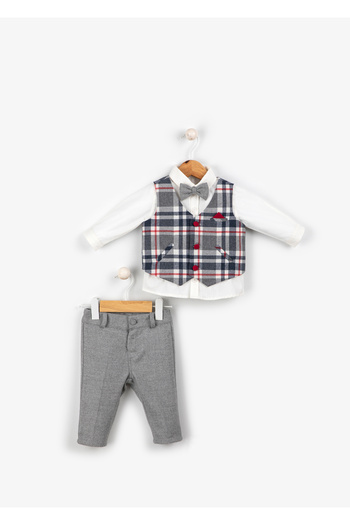 Babydola Plaid Pattern Vest Shirt Pants Bow Tie 3-Piece Suit Navy Blue 15312